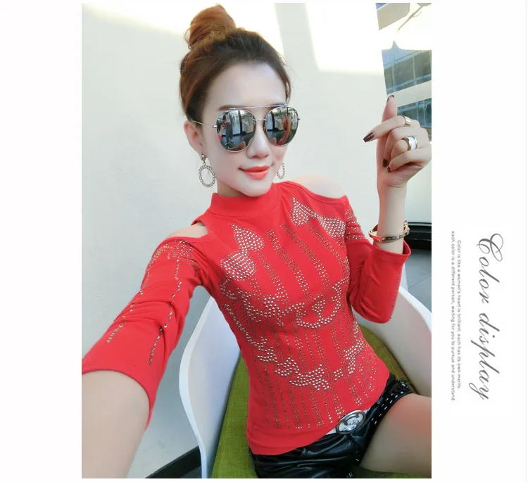 winter round neck long sleeve off the shoulder sexy tops t-shirts for women women's beading rivet top basic t-shirt t shirt red