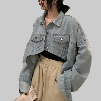 

Autumn Denim Jacket Women Harajuku Loose Coat Plus Size Long Sleeve Women's Jacket Asymmetrical Women Outwear