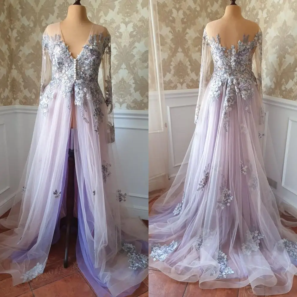 Lavender Maternity Gown Applique Long Sleeve Pregnant Women Dress for