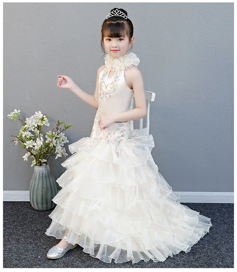 Children Fishtail Skirt Cheongsam Girls Model Catwalks Host Tailing Champagne Color Piano Performance Formal Dress
