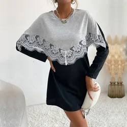 Vestido de Primavera de encaje de retazos para mujer, vestido informal de manga larga con cuello redondo para mujer, minivestido holgado de moda 2022