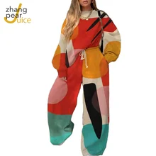 Women Casual Print Tracksuit Sets Casual O Neck Sweatshirt +Drawstring Trouser Sweatpants Pant Lady Two Piece Set Lounge Wear