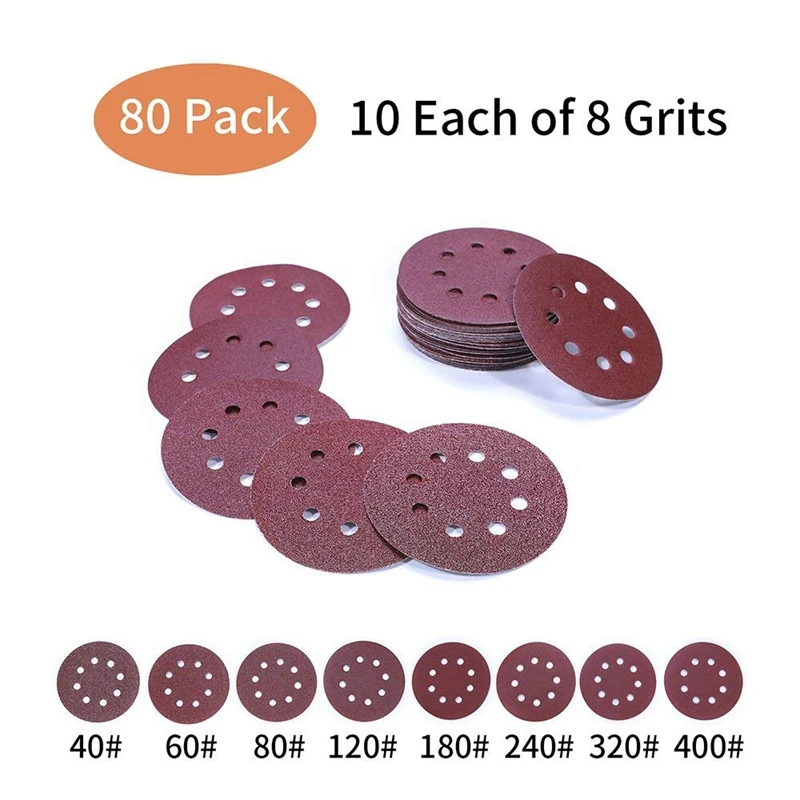 EASY-80Pcs шлифовальные диски, шлифовальные колодки дискового тормоза для 125 мм/5 дюймов; обувь со шнуровкой 8 отверстий крюк и петля 40/60/80/120/180/240/320/400 наждачная бумага ассорти для оптоволоконного кабеля