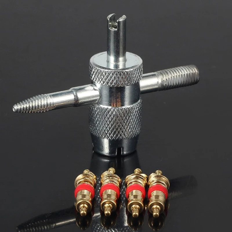 

Car Bike 4 Way Tyre Valve Repair Standard Tire Remover Tool + 4 Stem Cores Kit