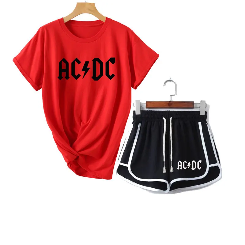 Лето,, женские футболки AC/DC+ шорты, комплект из двух предметов, повседневный спортивный костюм, новинка, мужская повседневная футболка, комплект с брюками для фитнеса - Цвет: red 2