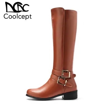 

CoolCept 2020 Size 33-46 Pu Leather Knee High Boots Chunky Heels Buckle Zipper Long Boots Retro Winter Warm Shoes Woman Footwear
