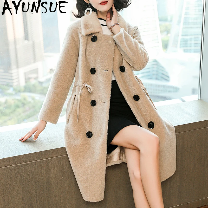 

AYUNSUE Real Sheep Shearling Fur Coat Winter Jacket Women Mink Fur Collar 100% Wool Coats and Jackets Women korean jacket MY3831