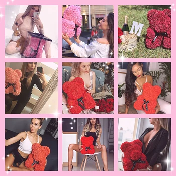 

40cm 25cm Valentine Rose Bear Heart Flower Gift For Girlfriend Birthday Wedding Artificial Party Home Decor Wine Red Pink