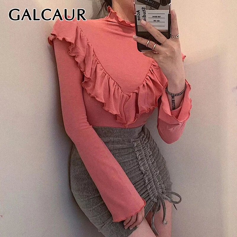 GALCAUR корейский стиль, лоскутные футболка с оборкой Женская О-образным вырезом с длинным рукавом Тонкая оверсайз Повседневная рубашка Топы женские модная одежда Новинка