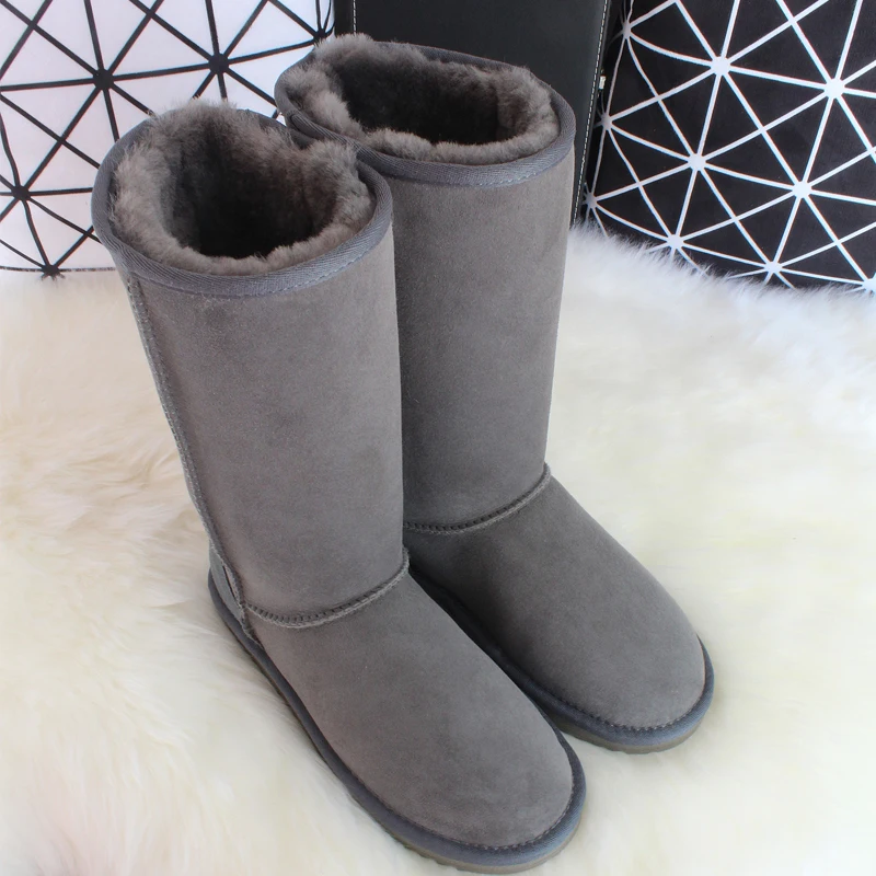 G& Zaco/Сапоги до колена из натуральной овечьей кожи кожаные зимние сапоги женские шерстяные сапожки «овечки» высокие сапоги черная зимняя обувь на плоской подошве, 42 - Цвет: gray suede