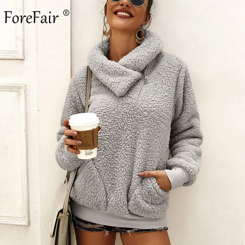 Forefair, на молнии, большой размер, искусственный свитер с мехом, зимние женские пуловеры,, отложной ворот, длинный рукав, Теплые повседневные флисовые худи - Цвет: Light Gray
