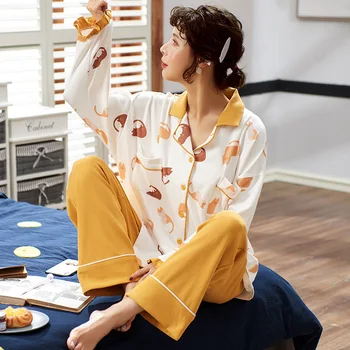 

100% Cotton Pajamaswomen Two Piece Set Korean New Female Summer Spring Long Sleeves Pants Sexy Full Cotton Home Clothes Suit