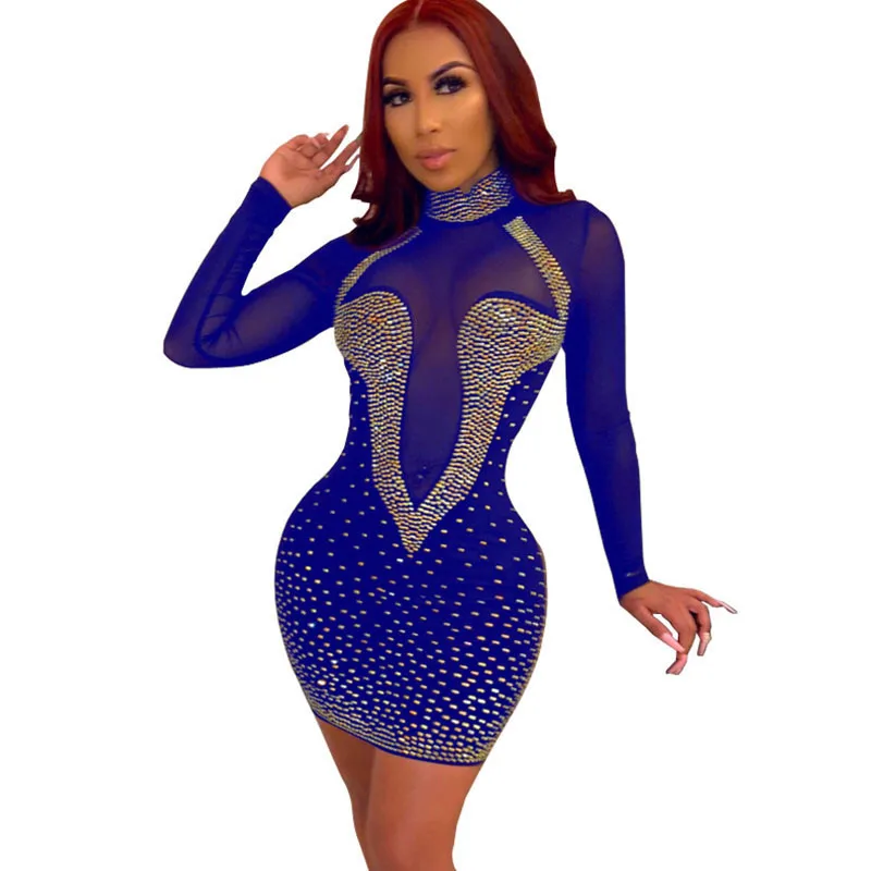 Стразы Сетчатое прозрачное сексуальное мини платье женское облегающее с высоким