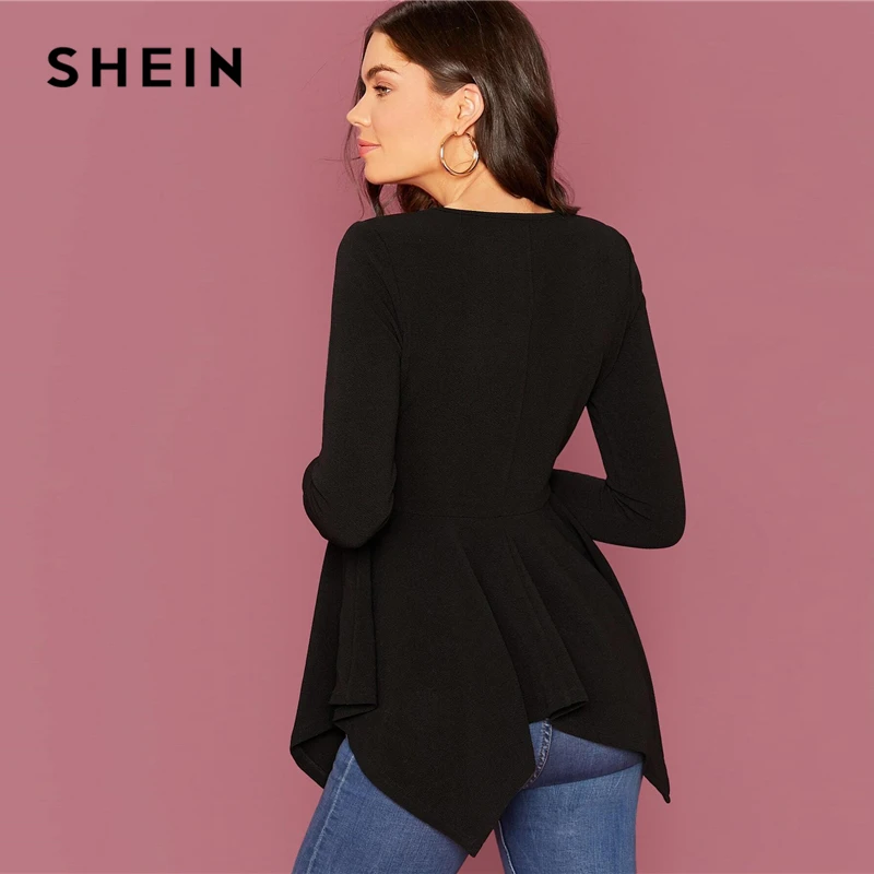 SHEIN Pearl Embellished Hanky Hem Peplum Top Women Spring Autumn Fitted Flared Round Neck Elegant Womens Tops and Blouses
