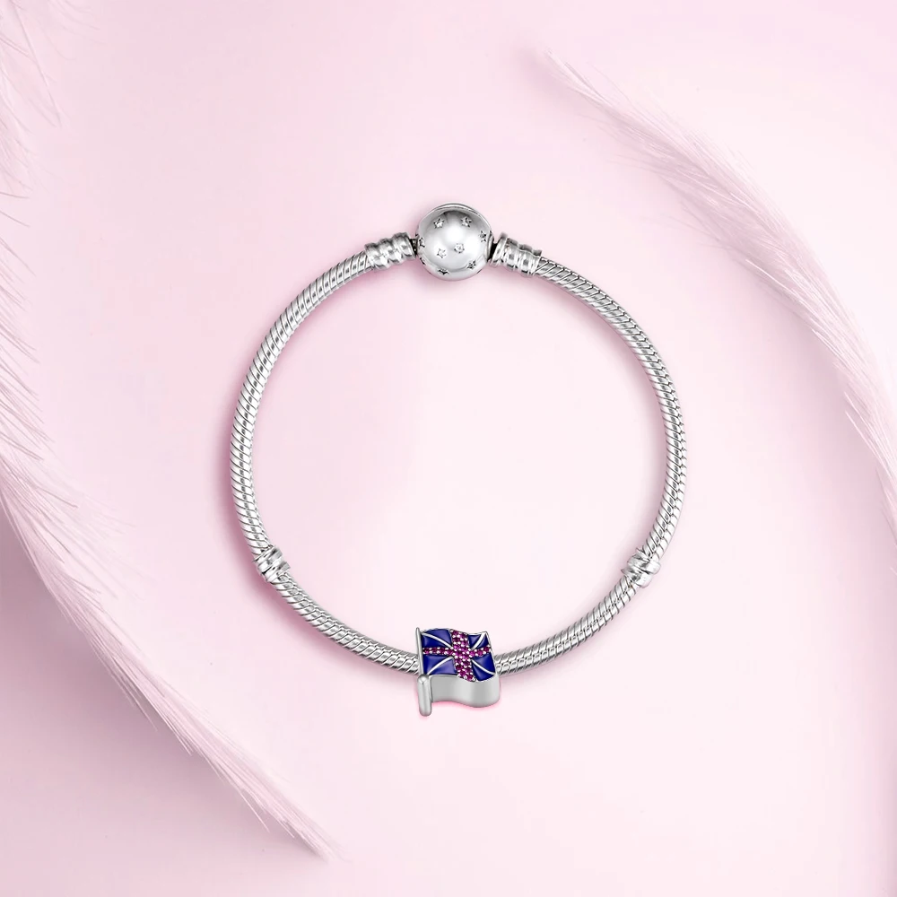 DIY подходит для браслетов Pandora с британским флагом, бусины с голубой эмалью и красным фианитом 925 пробы-серебро-ювелирные изделия