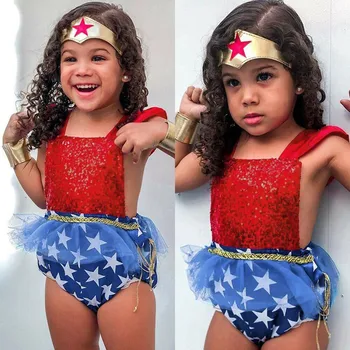 

baby girl Romper Sleeveless Independence Day Star Print Halter Mesh Sequins Siamese Romper Ruffled heroine Romper футболка