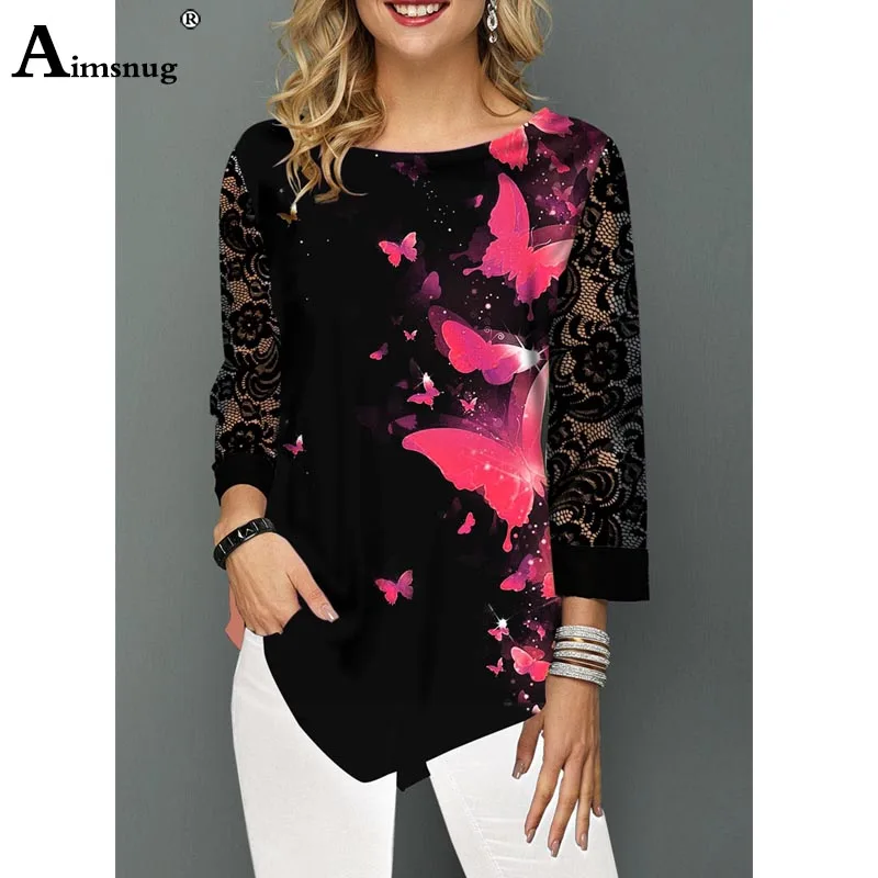 

Plus size 4xl 5XL Tops Womens New Summer Butterfly Print T-shirts Lace Three Quarter Sleeve Elasticity Female Casual Shirt