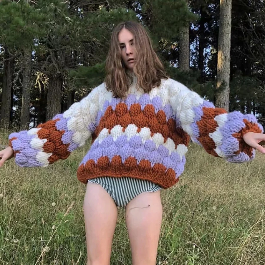 

KIYUMI Sweater Women Hand-knitted Warm Sweaters 2019 Autumn Lantern Long Sleeve Oversize Pullover Loose Thick Argyle Sweater New