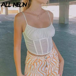 Allneon 90s moda bonito sem costas retalhos espartilho branco topos y2k streetwear espaguete cinta de malha leite maid topo feminino camis sexy
