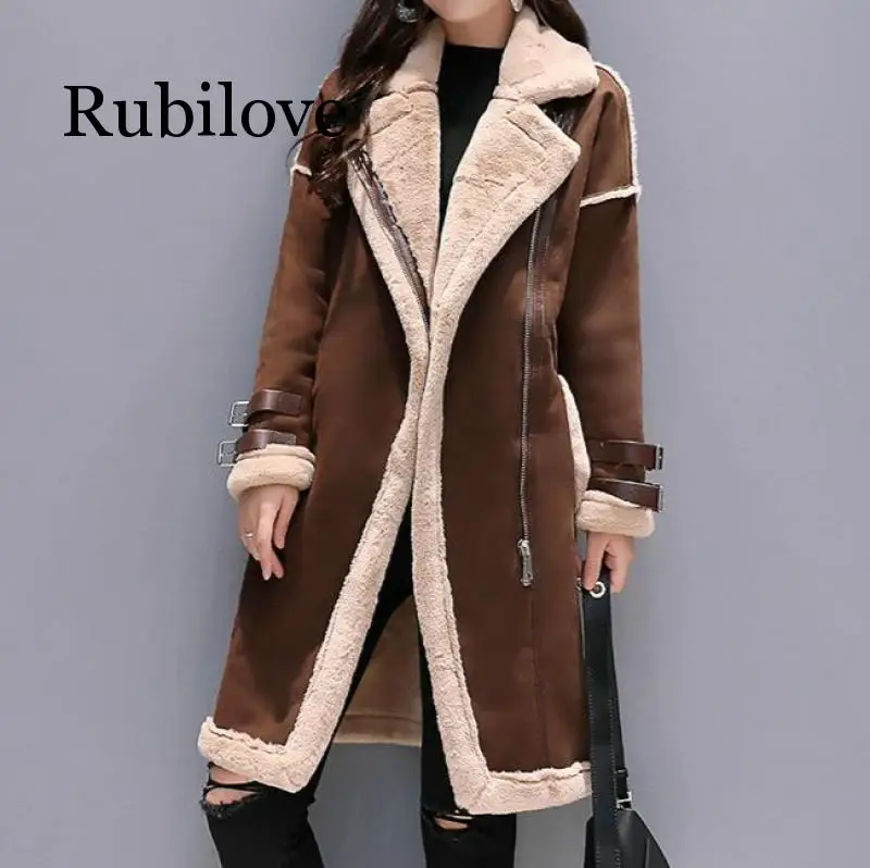 Женское пальто из искусственной кожи и овечьей шерсти длинное плотное теплое