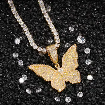 

Animal Reticulated Butterfly Necklace Pendant Iced Out Rope Chain Gold Color AAA Cubic Zircon Men Women Hip Hop Rock Jewelry