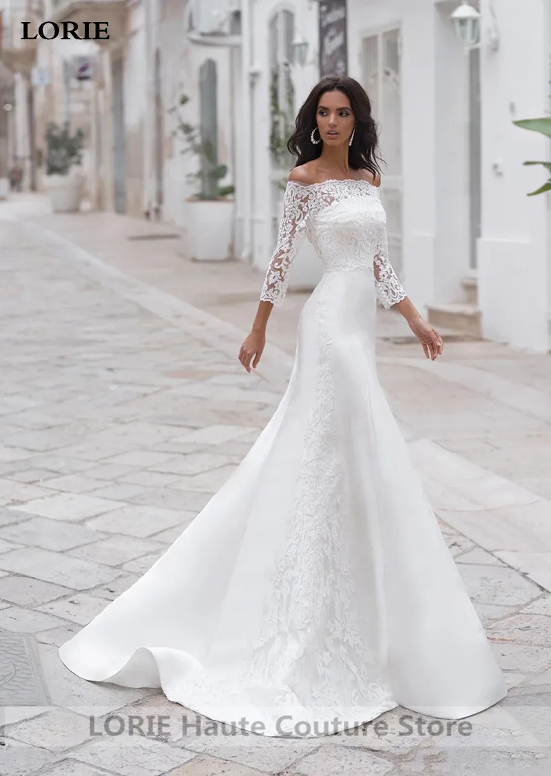 Lace Vestido de Novia Wedding Dress Off-Shoulder Mermaid Bridal Gown with Sleeve