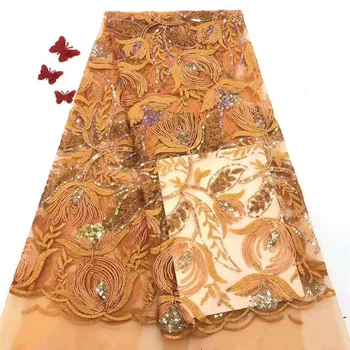 

Floral Design African Net Lace Fabric Shiny Orange Sequins Lace Superb Soft Nigerian Mesh Lace Fabric For Christmas Dress