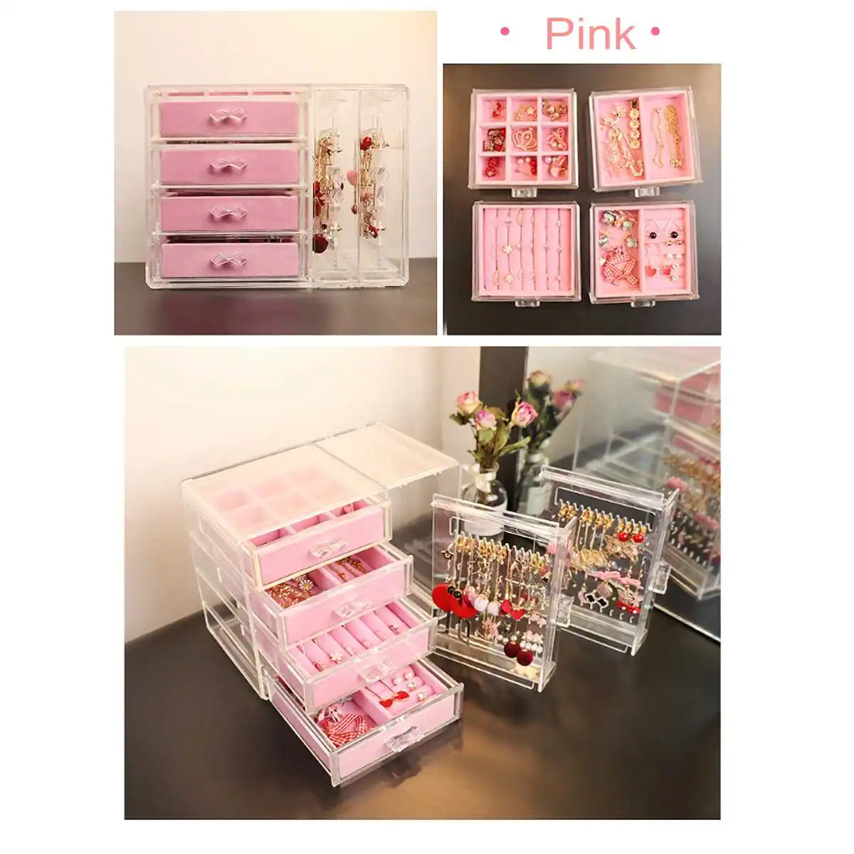 pink Пылезащитная акриловая бархатная стойка для сережек и колец, коробка для хранения ювелирных изделий, ящик для ожерелья, браслет, органайзер, чехол, 4 слоя - Цвет: pink
