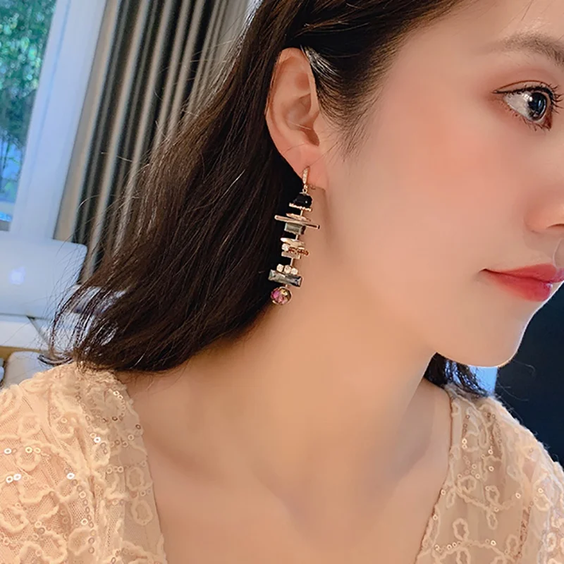 MENGJIQIAO новые элегантные Геометрические хрустальные длинные висячие серьги для женщин студенческие модные вечерние Ювелирные изделия Подарки