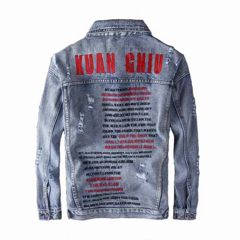 Mcikkny High Street мужские рваные повседневные джинсовые куртки с вышивкой сзади и надписью джинсовые куртки для мужчин, модные дизайнерские