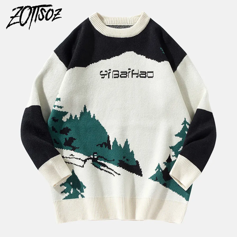 

ZOTTSOZ Knit Jumpers Streetwear Hip Hop Casual Harajuku Men Women Knitted Landscape Tree Color Block Patchwork Pullover Sweaters