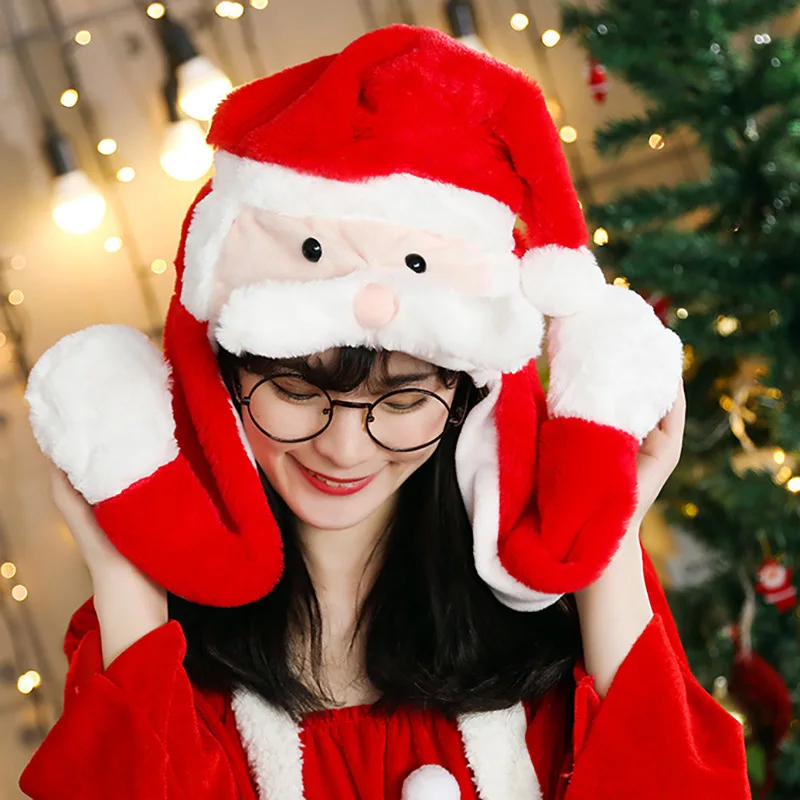 MeetLife Moving Christmas Reindeer Ears Hat Hand Pinching Ear To Move Santa Claus Beard Cap Funny Gift for Women Kids Plush 6