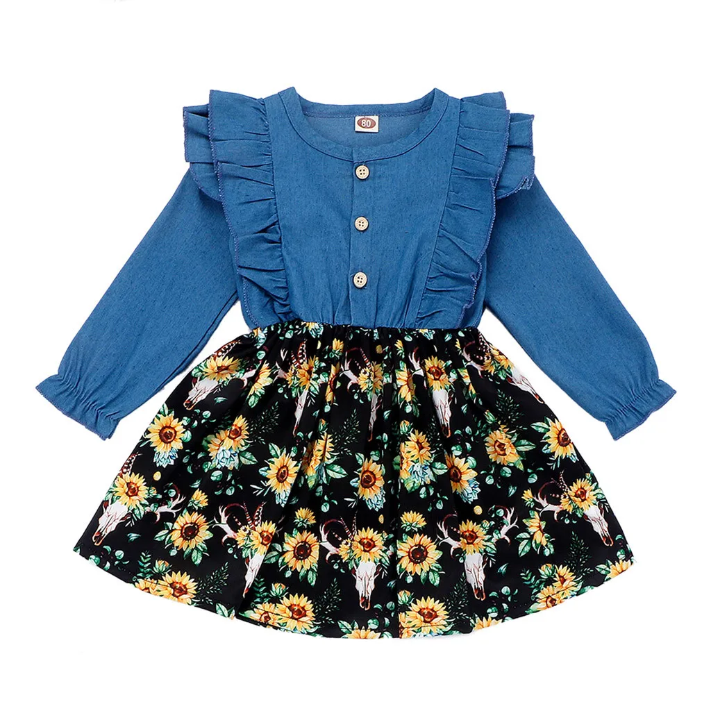 Платье для маленьких девочек vestido Infantil Menina فساتين اطفال/осень, с цветочным принтом, отделка: пэтчворк, рюши; платье из джинсовой ткани, комплект в стиле «Принцесса» Z4