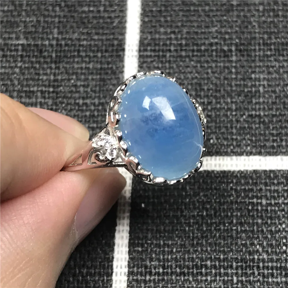 

Top Natural Blue Aquamarine Ring For Woman Man Crystal Clear Beads 15x12mm Beads Silver Adjustable Ring Fashion Jewelry AAAAA