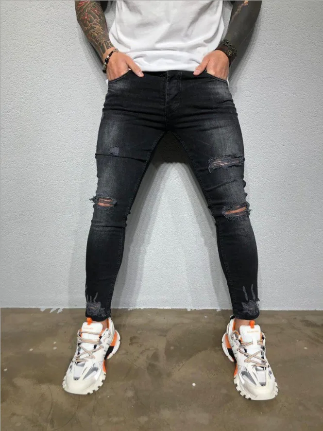 

Laamei Jeans Men Slim Denim Jogging Pants Ripped Jeans Hip Hop Streetwear Skinny Denim Pants Casual Biker Trousers