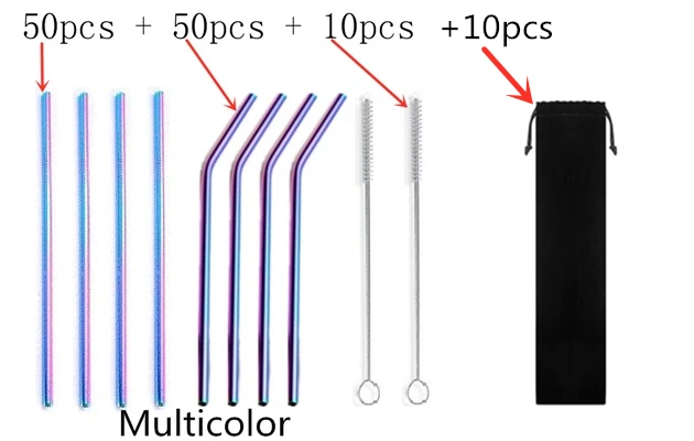 Красочные 100 шт Соломинки+ 10 шт кистей прямая или изогнутая металлическая трубочка для напитков из нержавеющей стали многоразовые трубочки для пива фруктовый сок - Цвет: 100-10-10