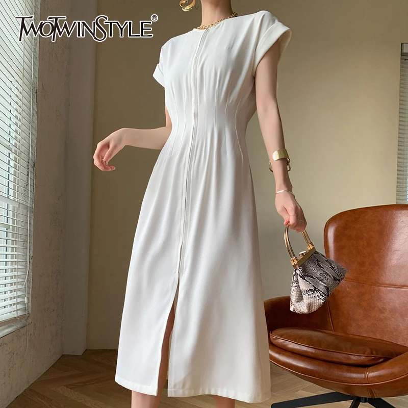 TWOTWINSTYLE Casual Summer Dress Women O Neck Short Sleeve High Waist Tunic Midi Dresses For Female Fashion Clothing 2020 Tide TWOTWINSTYLE Casual Summer Dress Women O Neck Short Sleeve High Waist Tunic Midi Dresses For Female Fashion Clothing 2020 Tide