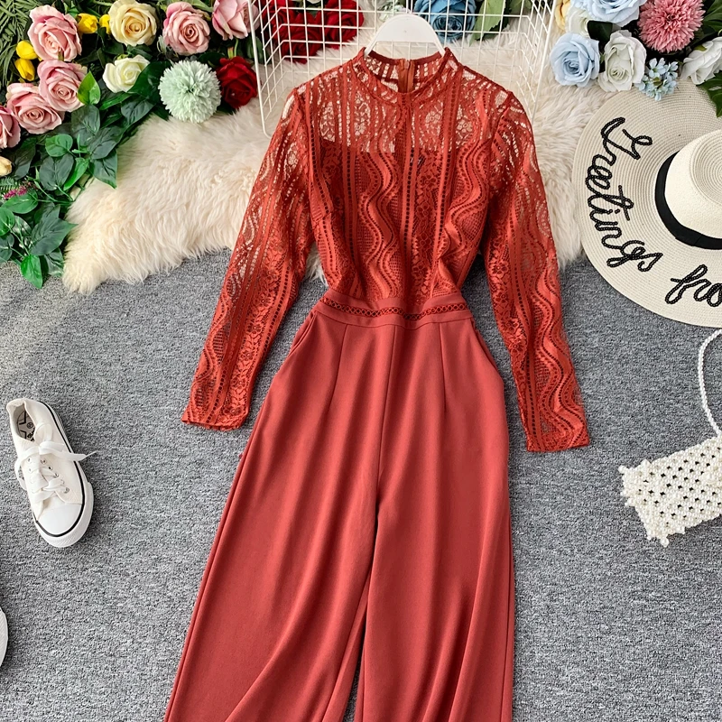 Autumn Fashion Sexy Lace Hollow Stitching Wide-legged High Waist Long Sleeve Jumpsuits Women Solid Color Elegant Overalls J897