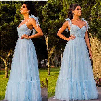

Mbcullyd Soft Tulle Prom Dresses Long 2020 Light Blue Imported Evening Dress Sexy Backless Spaghetti Strap vestidos de fiesta
