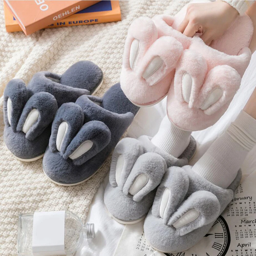 

Slippers Women Winter Indoor Bedroom Warm Fur Plush Lovers Cartoon Rabbit Vamp Flats Shoes Slides Couples Furry Slippers
