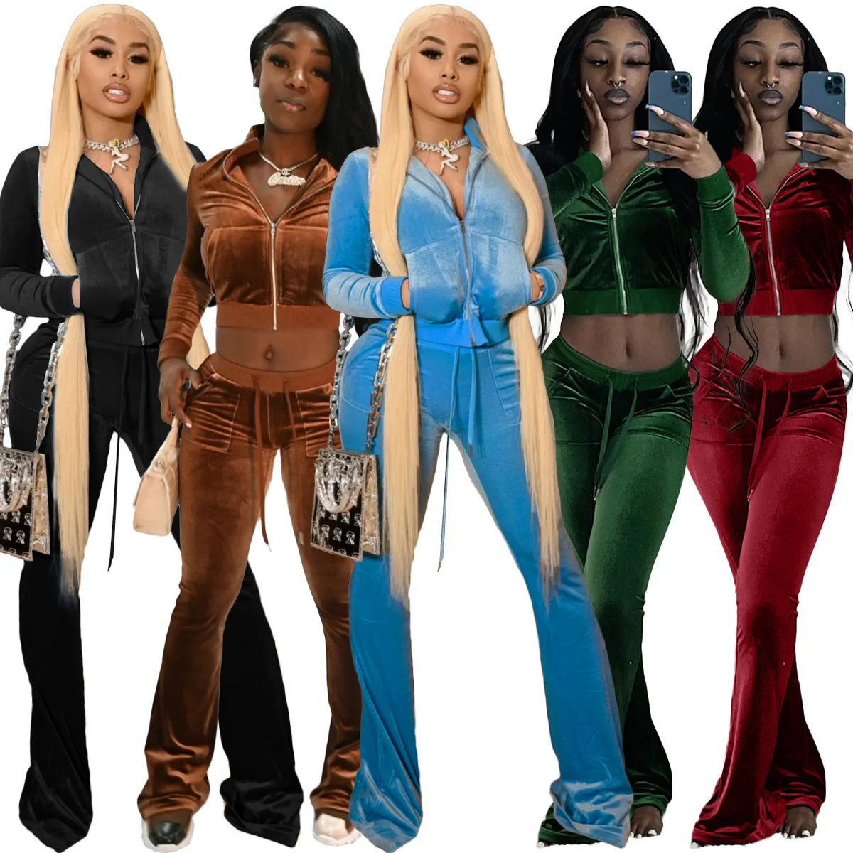 

2021 Autumn New Velvet Tracksuit Women 2 Piece Set Long Sleeve Zipper Crop Top +Drawstring Sweatpants Matching Set Jogger Suits