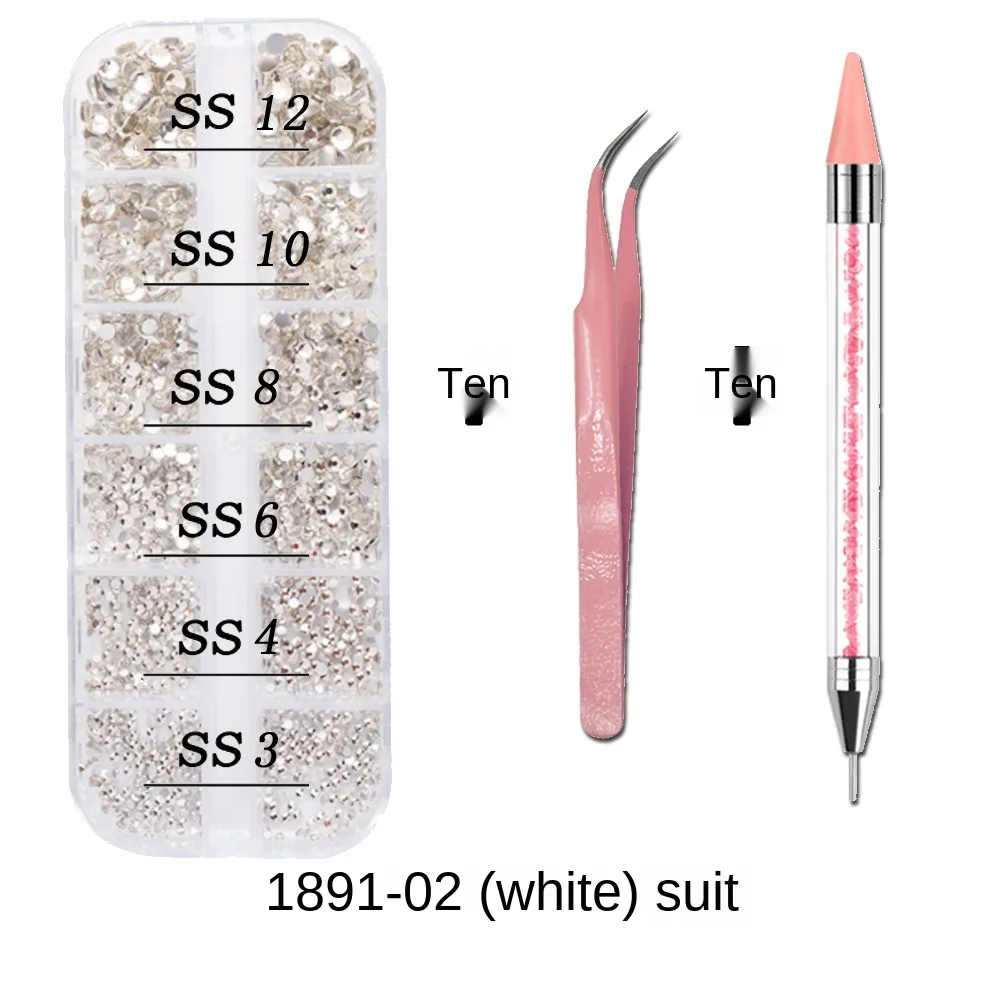 1Box Multi Size Glass Nail Rhinestones Mixed Colors Flat-back AB Crystal With tools 3D Charm Gems  Manicure Nail Art Decorations