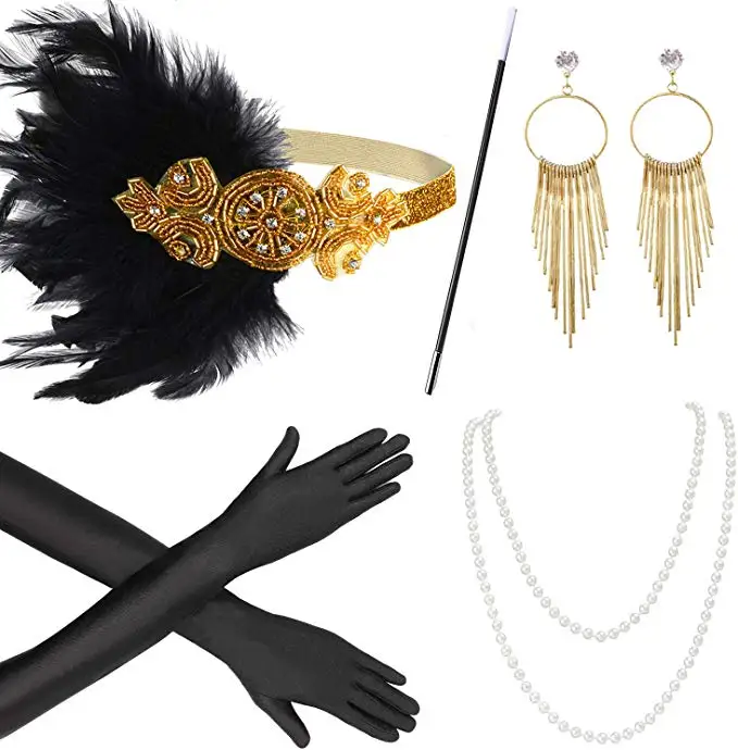 1920s accessories3 Аксессуары Ecoparty 1920 s, повязка на голову, ожерелье, перчатки, держатель для сигарет, костюм, аксессуары, набор для женщин - Цвет: 1920s accessories3