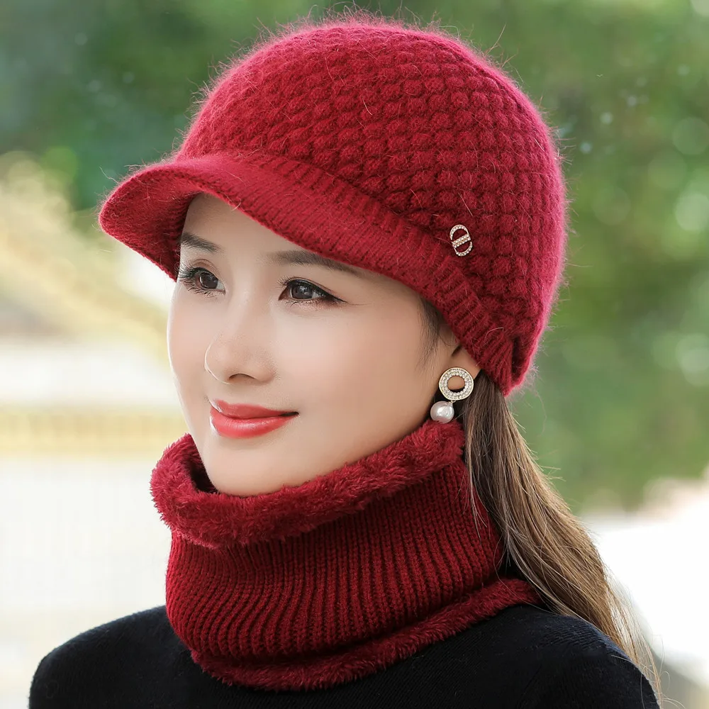 2023 New Women Winter Hat Fashion Beanie Cap Scarf Set Thick Warm Windproof  Hats For Female Casual Rabbit Fur Blend Knitted Hat