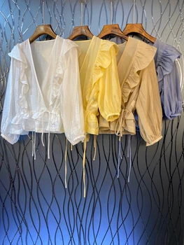 

2020 Spring and Summer New Women's V-neck on Both Sides of the Strip of Splicing Hem Drawcord Plain Long-Sleeve Shirt 418