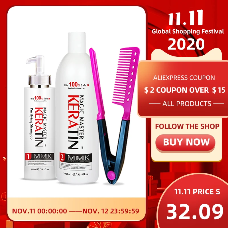 1000ml WITHOUT Formalin Magic Master Keratin Treatment+300ml Purifying Shampoo Straighten and Repair Damaged Hair Got Free Comb