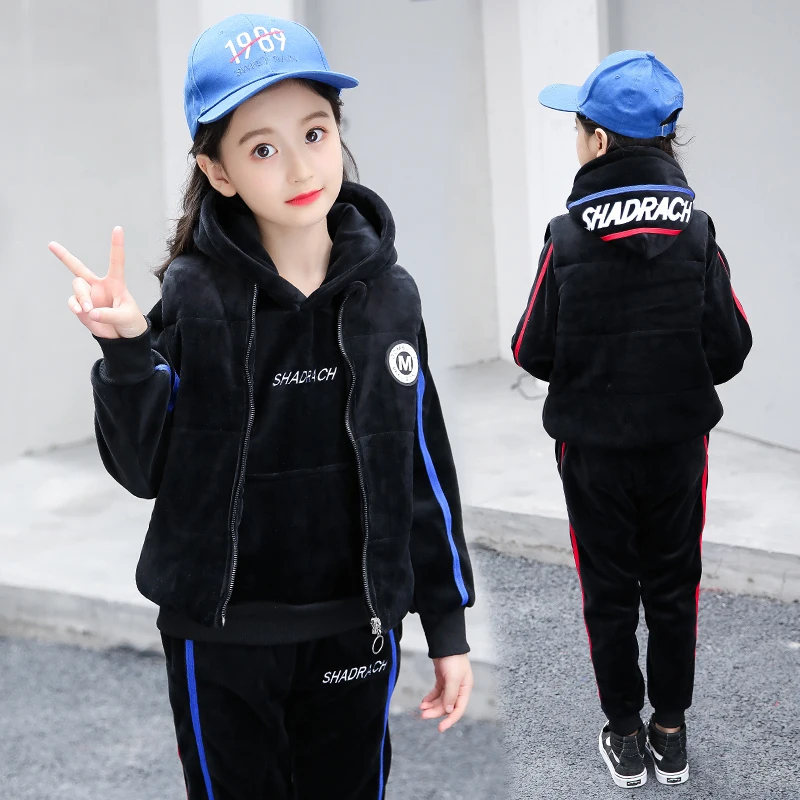 

2019 New Kids Clothing Girls double velvet jacket pant vest 3pcs set Winter toddler girls set christmas girls outfits