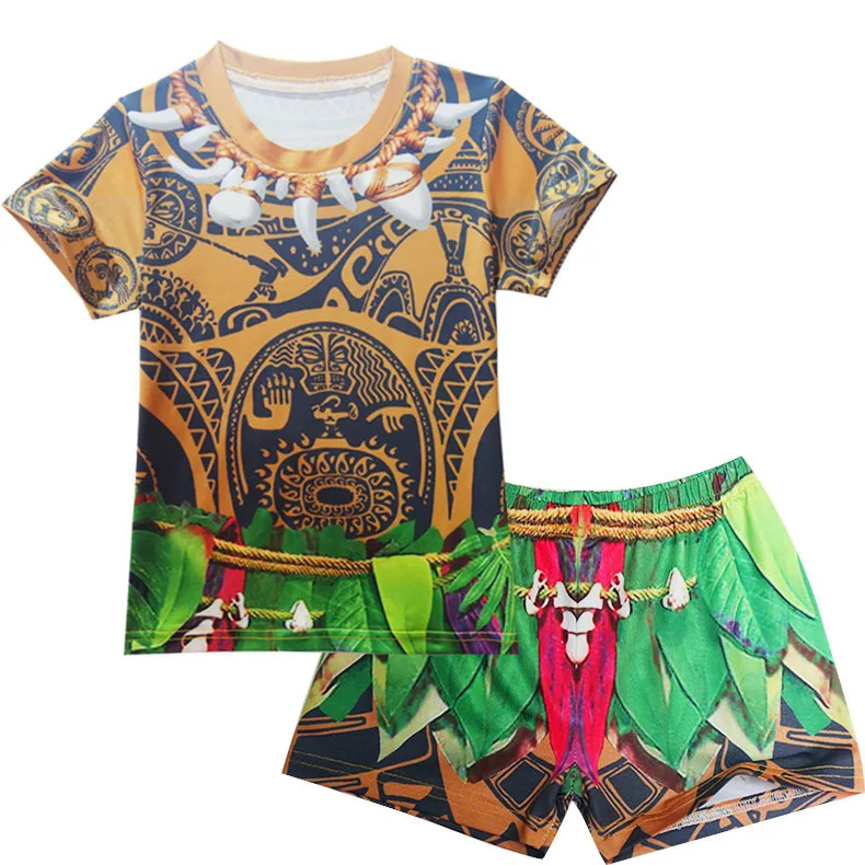 Child Ocean Boy Kids Swimming Suit Short Sleeve Moana Cosplay Maui Shirt Shorts Pants Bathing Cap Costume Swimwear