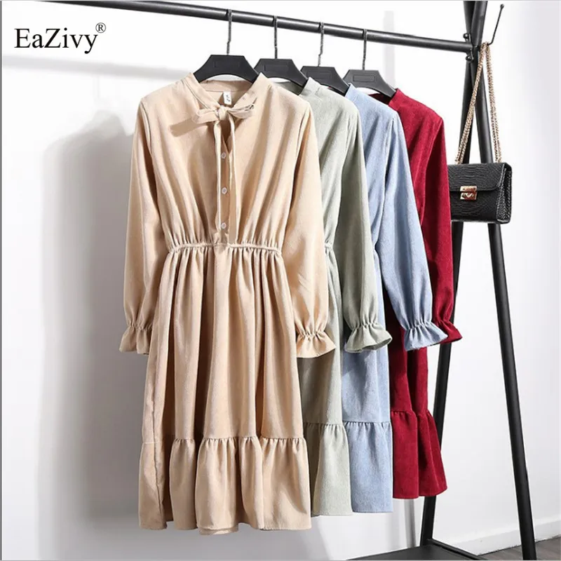 EaZivy корейское женское платье Vestidos Ретро стиль зимнее на пуговицах вельветовое