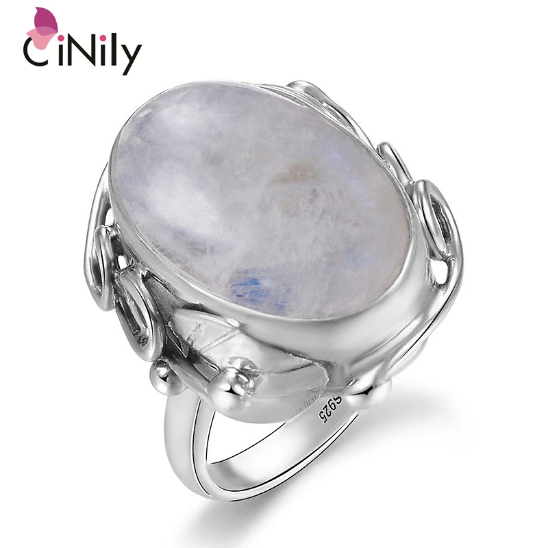

CiNily Natural Moonstone Rings For Men Women's Silver Jewelry Ring With Big Stones Oval Gems Gifts Size 6-12